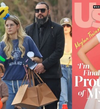 Two photos, one of Meghan Trainor in front of Kylie Jenner's children's birthday party in Los Angeles with her son Barry on 01/31/26 and another of her American magazine cover with the title I'm finally proud of myself. She is wearing a too-tight baby t-shirt with a corset print on it.