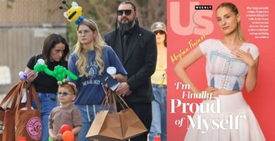 Two photos, one of Meghan Trainor in front of Kylie Jenner's children's birthday party in Los Angeles with her son Barry on 01/31/26 and another of her American magazine cover with the title I'm finally proud of myself. She is wearing a too-tight baby t-shirt with a corset print on it.