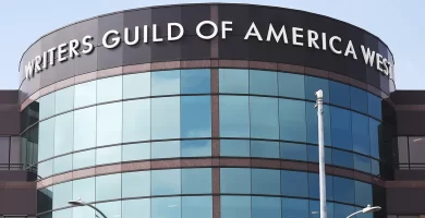 The Writers Guild of America West headquarters is viewed on September 25, 2023 in Los Angeles, California.