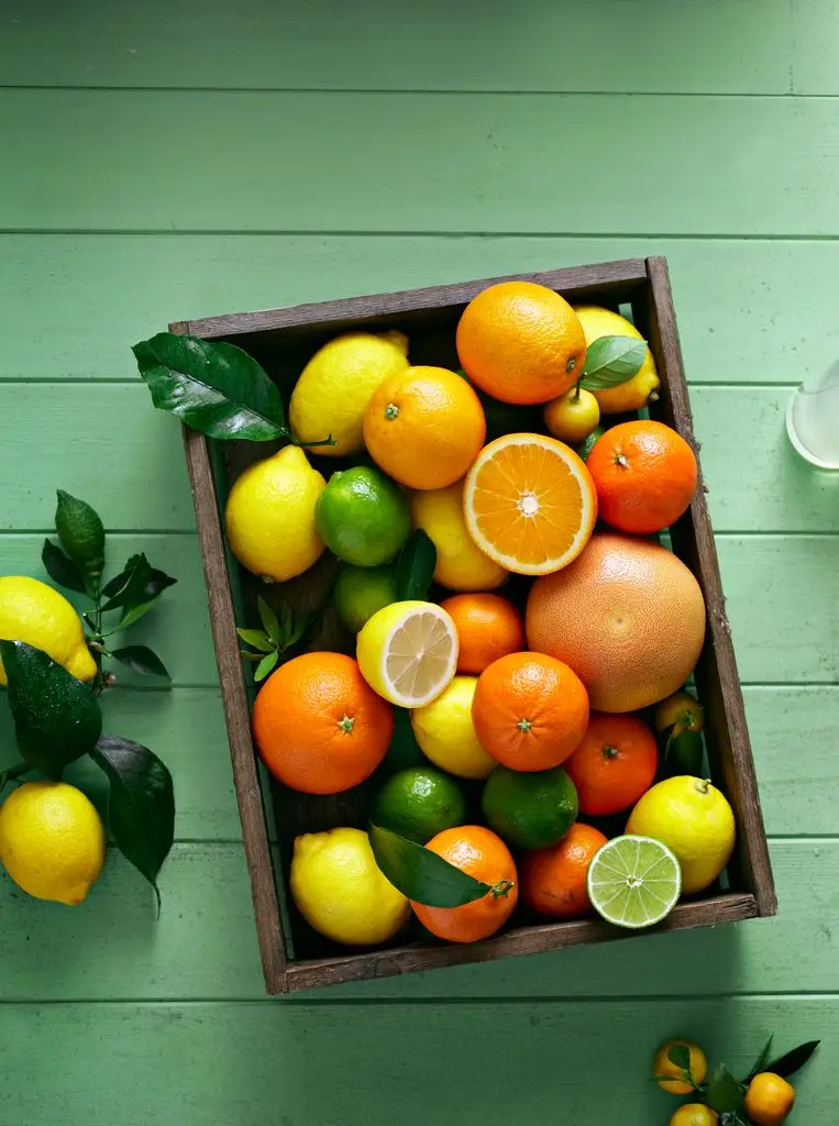 aerial view of citrus fruits in wooden tray box