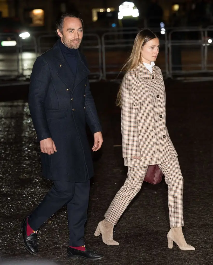 Alizee Thevenet and James Middleton arrive for the Together At Christmas carol service at Westminster Abbey on December 5, 2025 in London, England. 