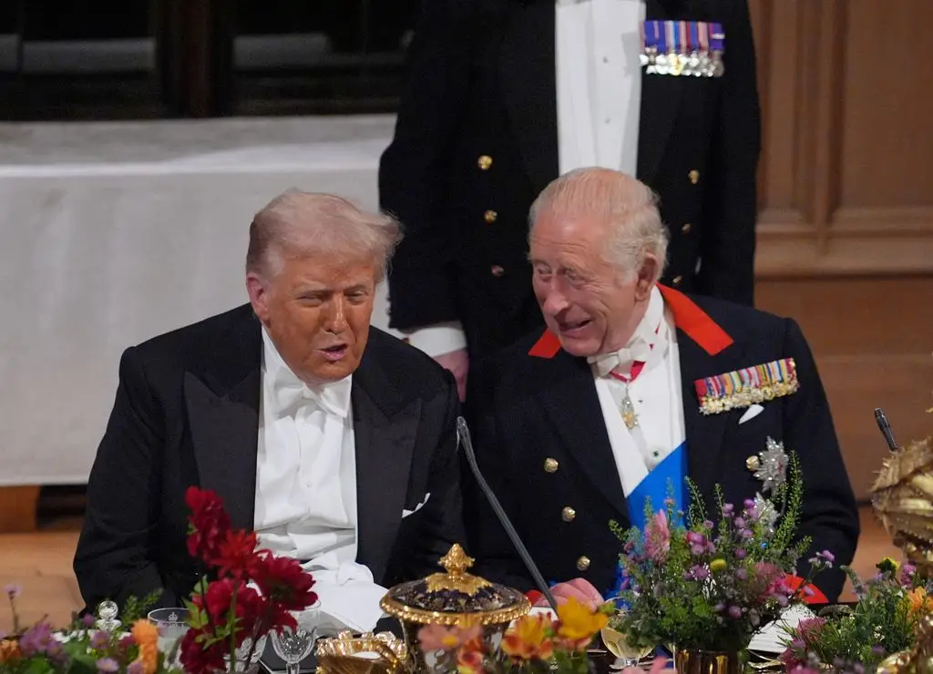 Donald Trump addresses King Charles III at the state banquet at Windsor Castle 