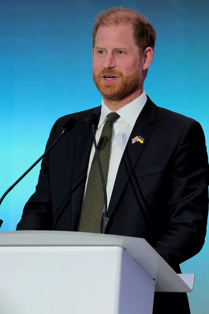 Prince Harry, Duke of Sussex, delivers a speech during the Kyiv Security Forum on April 23, 2026 in Kyiv, Ukraine. Prince Harry, Duke of Sussex, founder of the Invictus Games Foundation, arrives in Ukraine and attends the 18th Kyiv Security Forum. He addresses forum attendees and joins one of the panel discussions featuring Ukrainian veterans. (Photo by Yan Dobronosov/Global Images Ukraine via Getty Images)