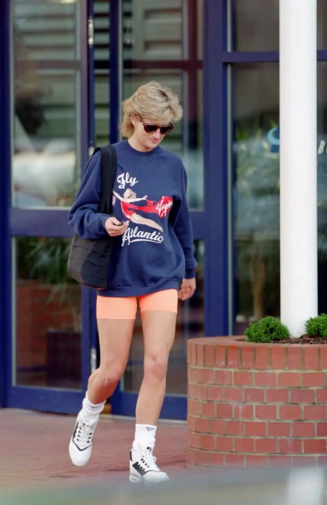 Princess Diana in cycling shorts and sunglasses