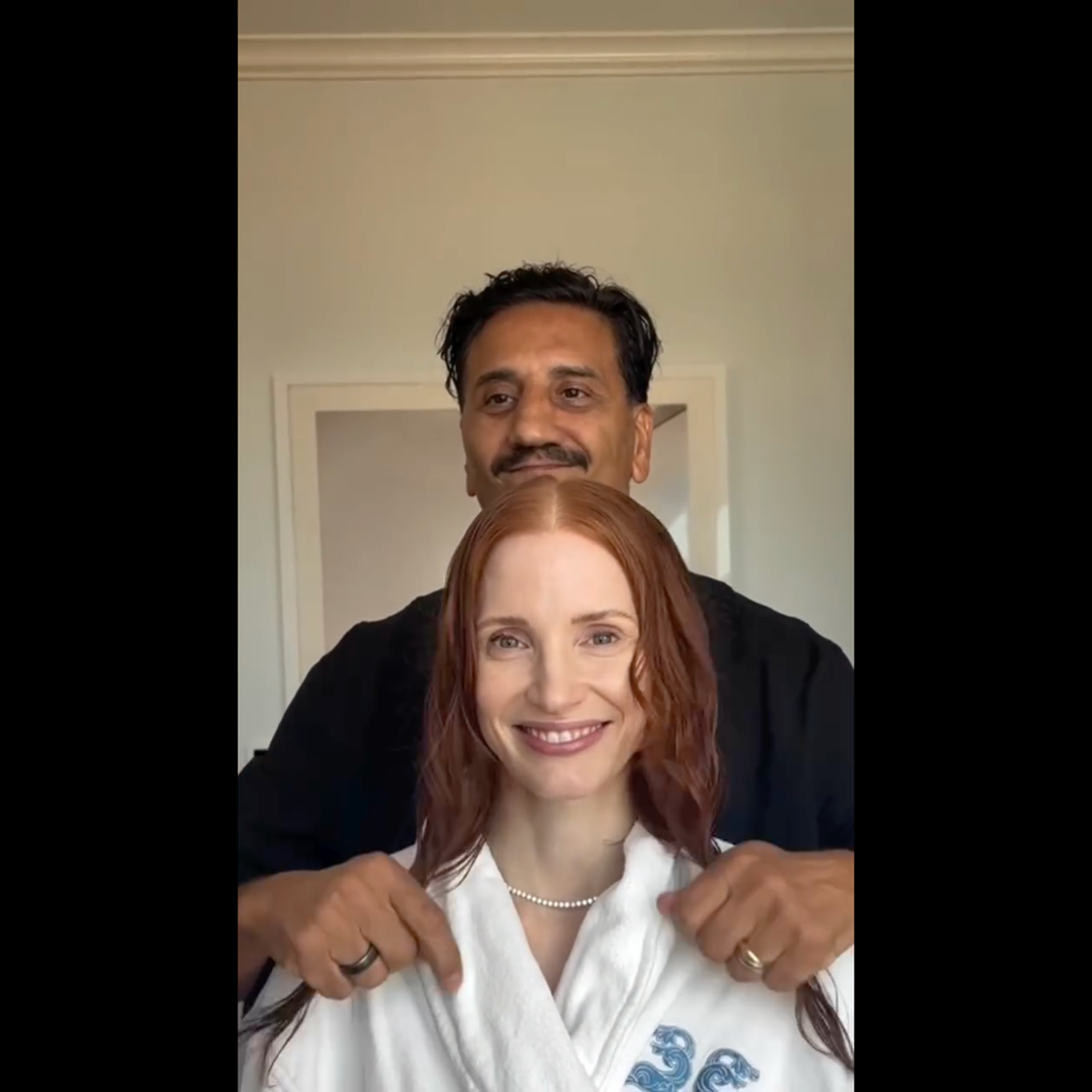 Jessica Chastain gets her hair cut by Renato Campora, shared on Instagram