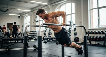 A shirtless, athletic young man performs dip exercises on parallel bars in a modern, well-lit gym, with other people training and weights visible in the background.