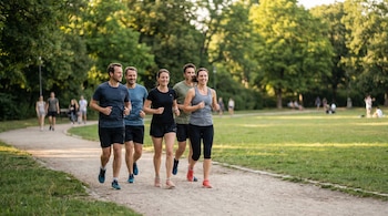 Five people, three men and two women, run along a dirt road in a park with leafy trees and green grass, in the sun.