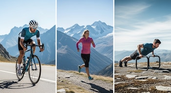 Image divided into three. Man cyclist on road; woman running on a path; man doing push-ups with bars, all in the mountains.