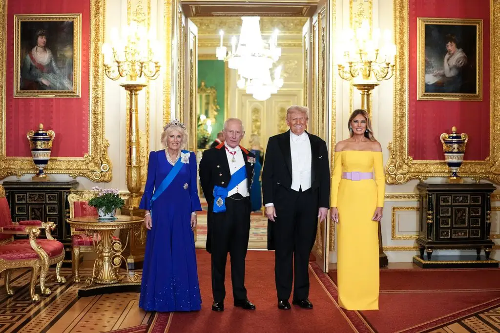 President Donald Trump, Melania Trump, King Charles III and Queen Camilla arrive for the State Banquet hosted by King Charles III and members of the Royal Family at Windsor Castle d