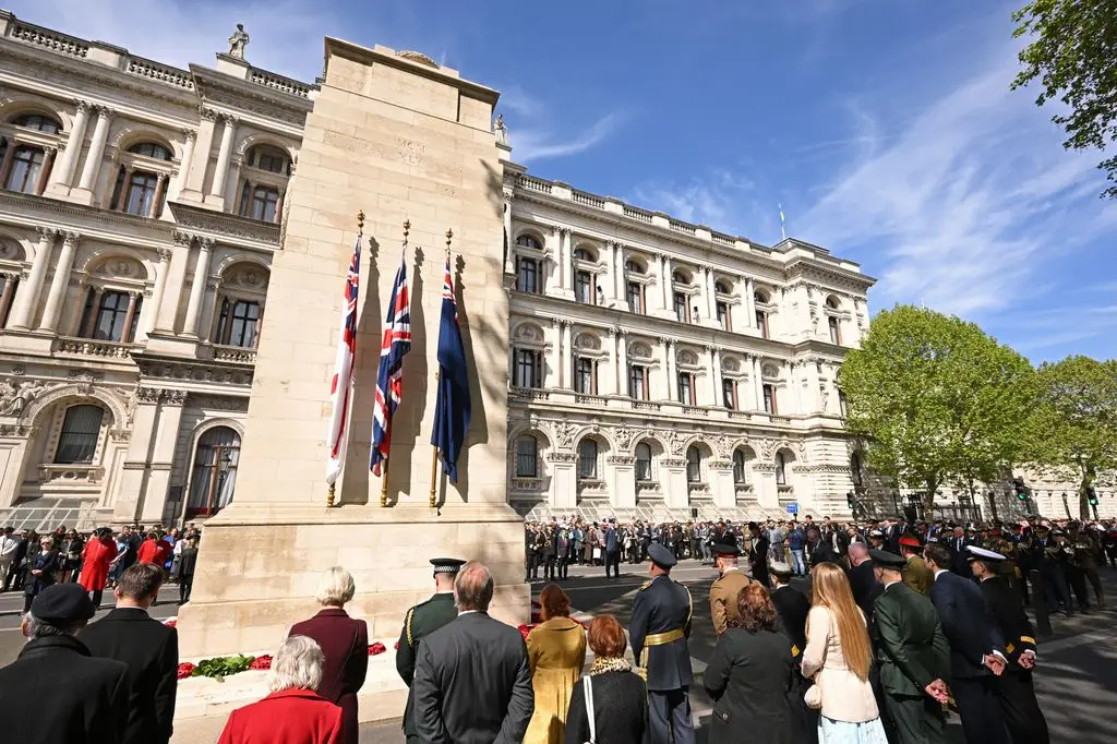 New Zealand High Commissioner Hamish Cooper, Catherine, Princess of Wales and Australian High Commissioner Jay Weatherill attend the wreath laying and parade service as part of the ANZAC Day commemorations at the Cenotaph.