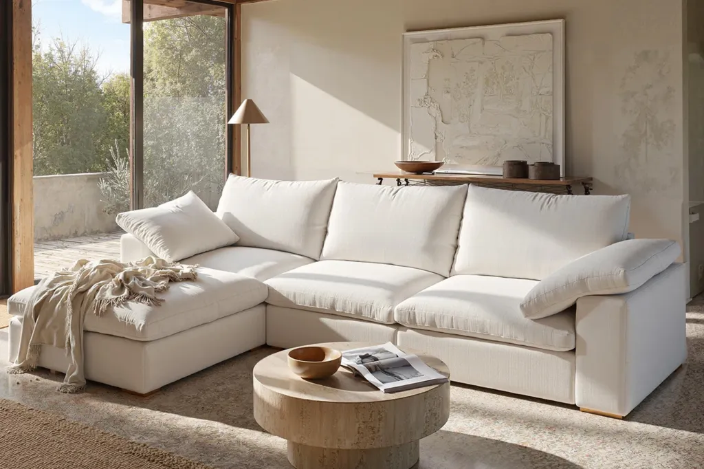 Living room with a large white L-shaped sectional sofa, a round wooden coffee table and a large window overlooking the trees.