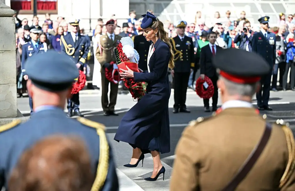 Princess Kate lays a wreath during a service commemorating ANZAC Day at the Cenotaph War Memorial in central London