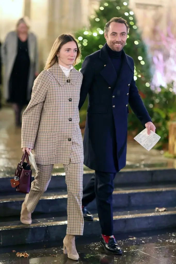 Alizee Thevenet and James Middleton arrive for the Together At Christmas carol service at Westminster Abbey on December 5, 2025 in London, England. 