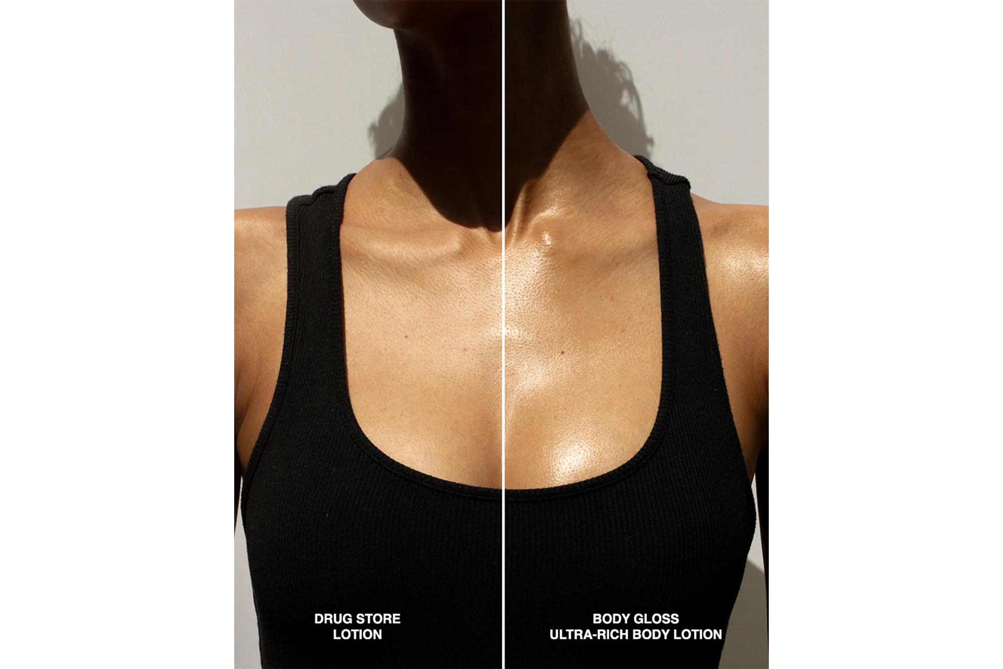 Before and after comparison of drugstore lotion (left) and Body Gloss ultra-rich body lotion (right) on a person's chest and collarbone.