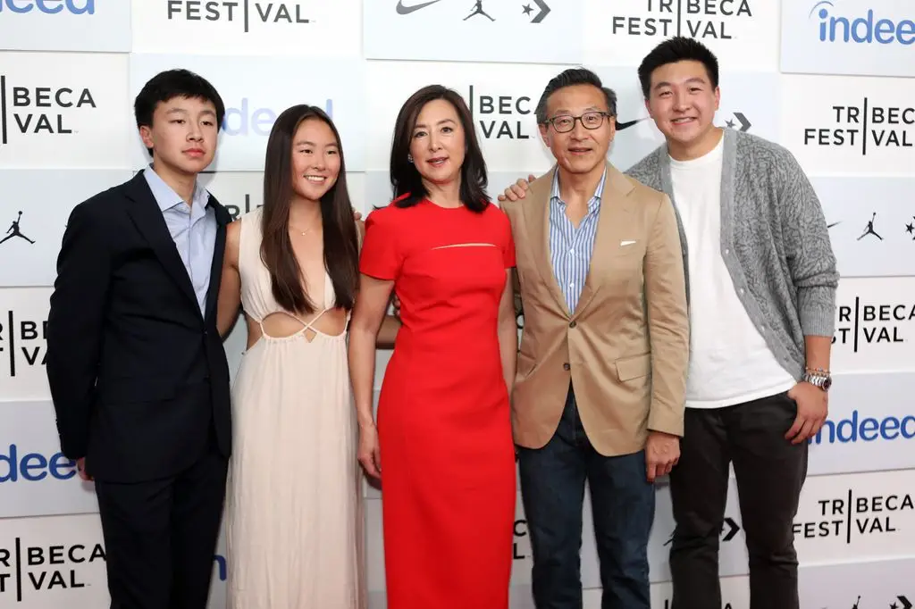 Joe Tsai (R), Clara Wu Tsai (L) and children Jacob Tsai, Alex Tsai and Dash Tsai (LR) attend the "Unfinished business" premiere during Tribeca Festival 2022 at BMCC Tribeca PAC on June 13, 2022 in New York