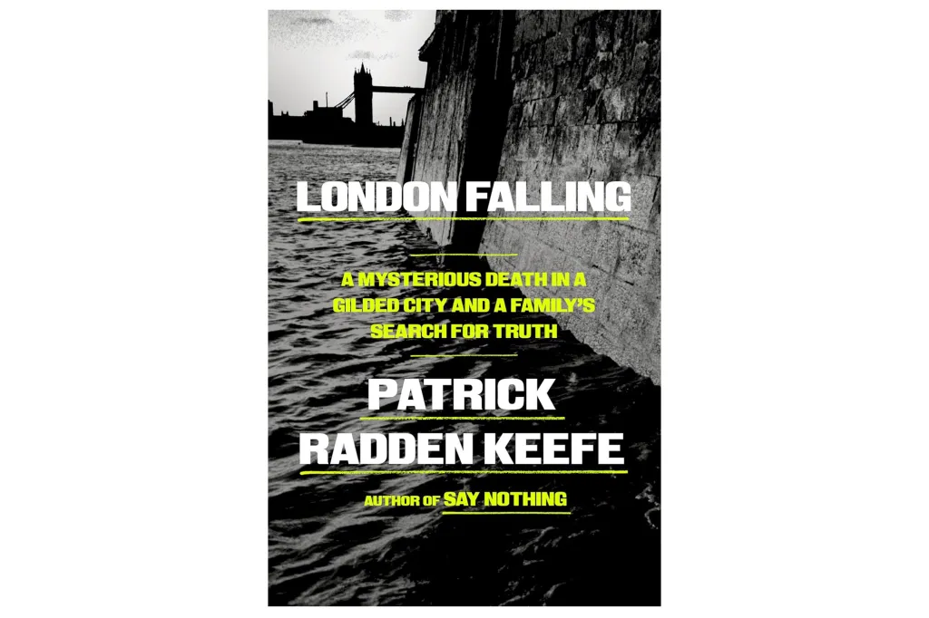 Book cover for "London falling" by Patrick Radden Keefe, with a black and white image of London Bridge and the River Thames.