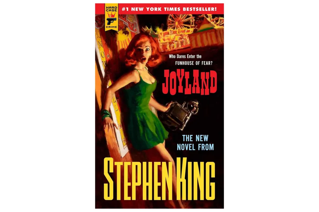 Illustration of "Land of joy" cover of Stephen King's book, featuring a surprised woman in a green dress next to the entrance to a funhouse with an amusement park in the background.