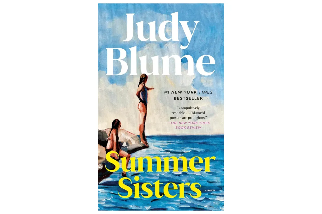 Illustration of the book cover "Summer Sisters" by Judy Blume, featuring two women in swimsuits on rocks by the ocean.