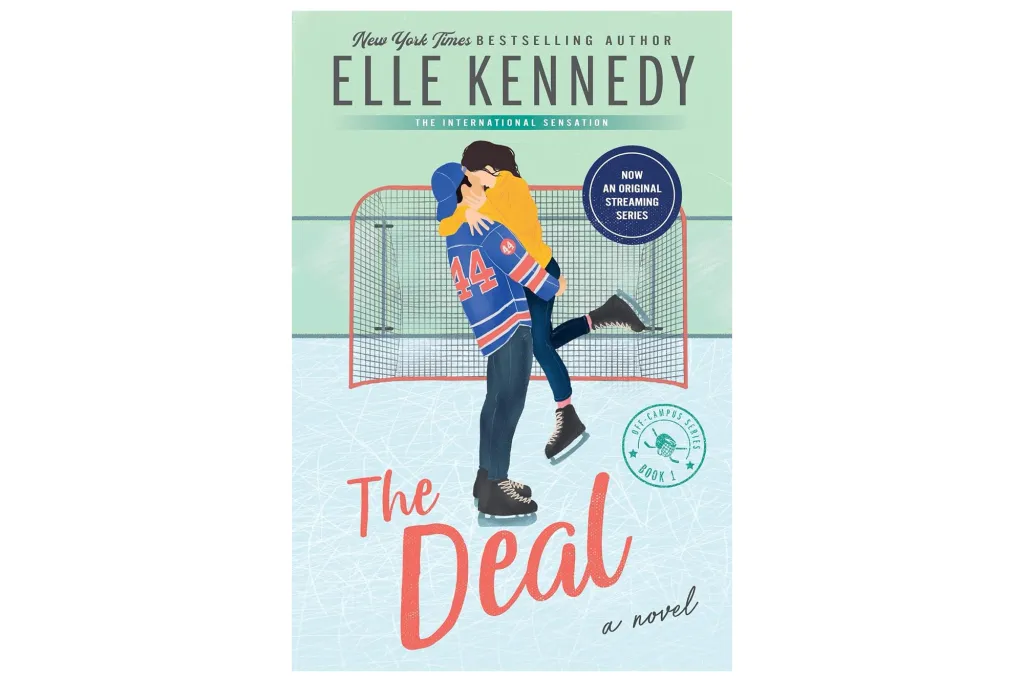 Illustration of the book cover "The agreement" by Elle Kennedy, showing a couple embracing on an ice rink in front of a hockey goal.