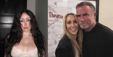 Separate photos of Instagram's Noah Cyrus and Tish Cyrus and Dominic Purcell posing at a restaurant