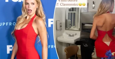 Brooks Nader narrowly avoids wardrobe malfunction minutes before 'Baywatch' red carpet restart