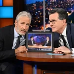 The Late Show with Stephen Colbert and guest Jon Stewart during Tuesday’s May 19, 2026 show.