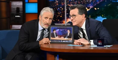 The Late Show with Stephen Colbert and guest Jon Stewart during Tuesday’s May 19, 2026 show.