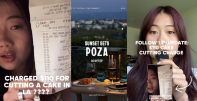 Two photos from Jessica Love Sushi's Instagram Reel explaining the cake cutting fees and another from Poza Restaurant's Instagram