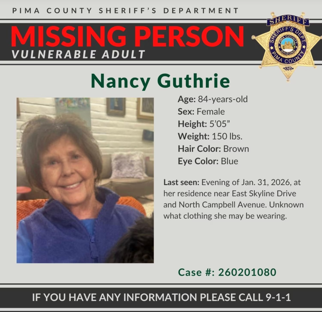 Police rush to Nancy Guthrie's residence after streamer finds 'human bones' close by 3 Savannah Guthrie's mother Nancy in missing flyer