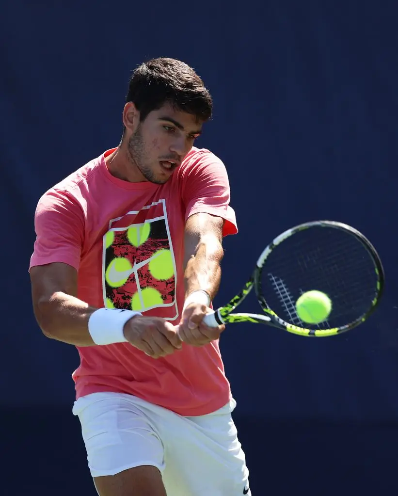 Carlos Alcaraz of Spain plays a backhand during a practice session before the US Open at the USTA Billie Jean King National Tennis Center on August 27, 2023 in New York.