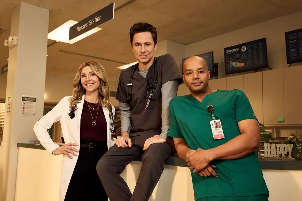 Sarah Chalke as Elliot Reid, Zach Braff as John "J.D." Dorian and Donald Faison as Christopher Turk in Scrubs