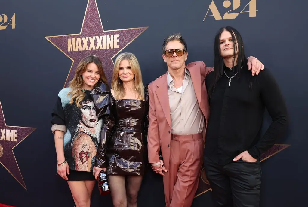 Lookalike Bacon, Kyra Sedgwick, Kevin Bacon and Travis Bacon at the premiere of A24 in Los Angeles "MAXXINE" at TCL Chinese Theater on June 24, 2024 in Hollywood, California