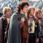 Dominic Monaghan, Elijah Wood, Billy Boyd, Sean Astin in THE LORD OF THE RINGS: THE FELLOWSHIP OF THE RING, 2001