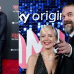 Two photos of David Harbor and Lily Allen at events in 2023