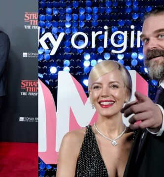 Two photos of David Harbor and Lily Allen at events in 2023