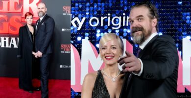 Two photos of David Harbor and Lily Allen at events in 2023