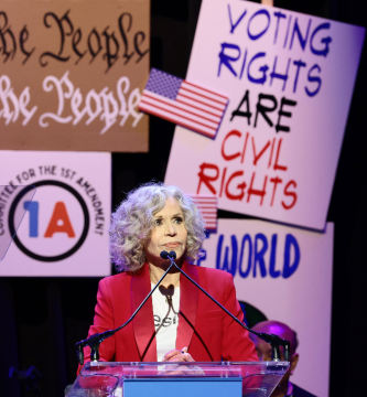 Jane Fonda speaks onstage during the Committee for the First Amendment Concert on June 14, 2026 in New York City.