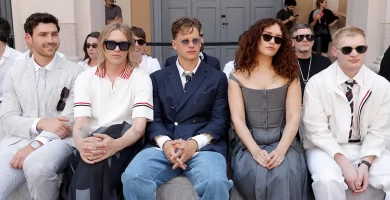 Charlie Hall, Jamie Campbell Bower, Joe Burrow, Olivia Cooke and Curry Barker at the Thom Browne fashion show as part of Milan Men's Spring-Summer 2027 fashion week on June 22, 2026 in Milan, Italy.