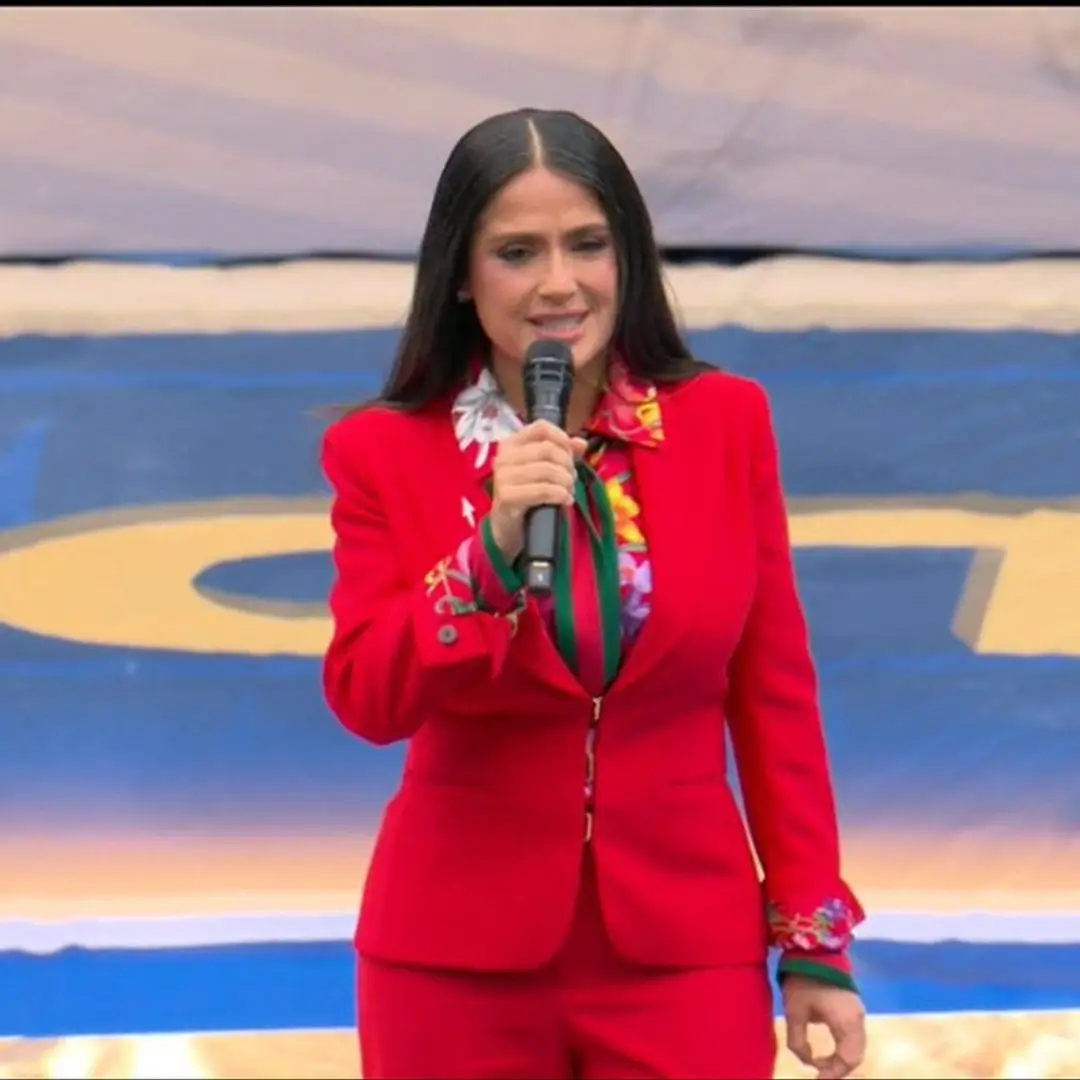 Salma Hayek delivers her welcome speech during the opening ceremony of the 2026 FIFA World Cup in Mexico City.