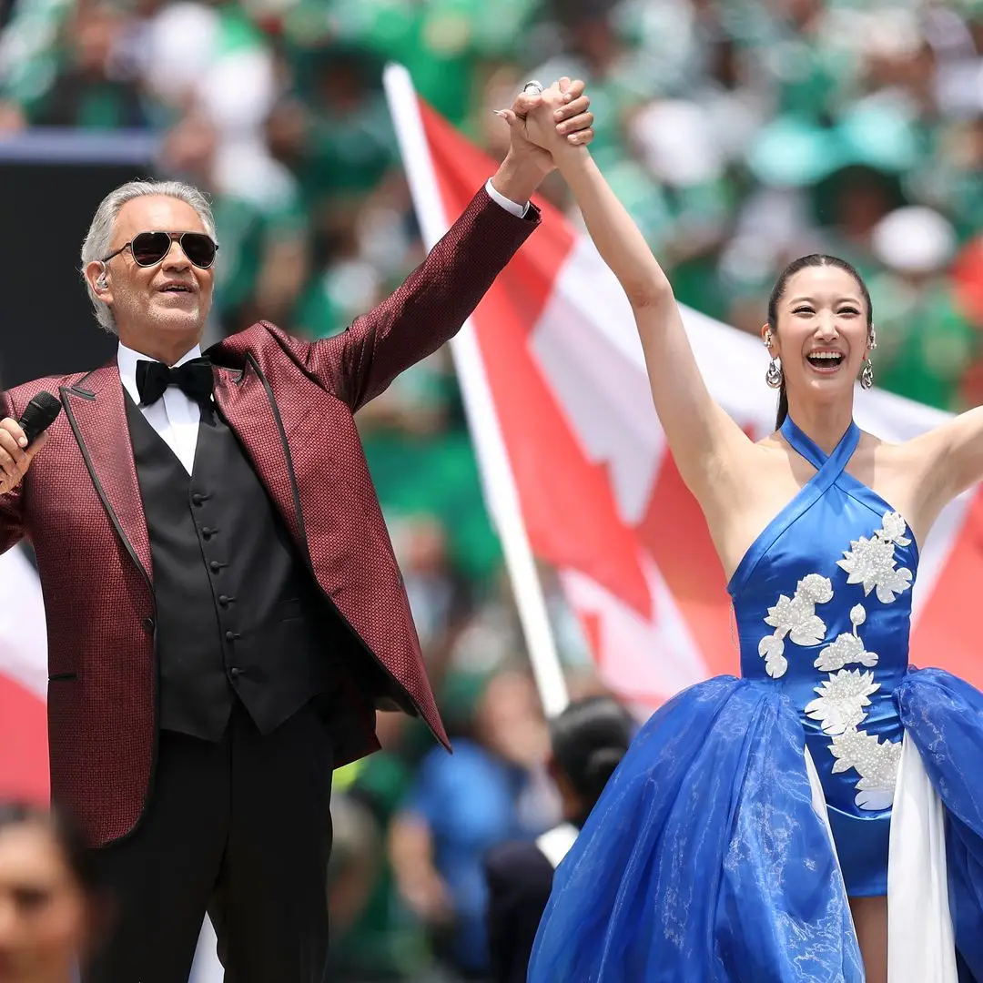 Andrea Bocelli and EJAE perform during the 2026 FIFA World Cup Group A match between Mexico and South Africa at Mexico City Stadium on June 11, 2026 in Mexico City, Mexico
