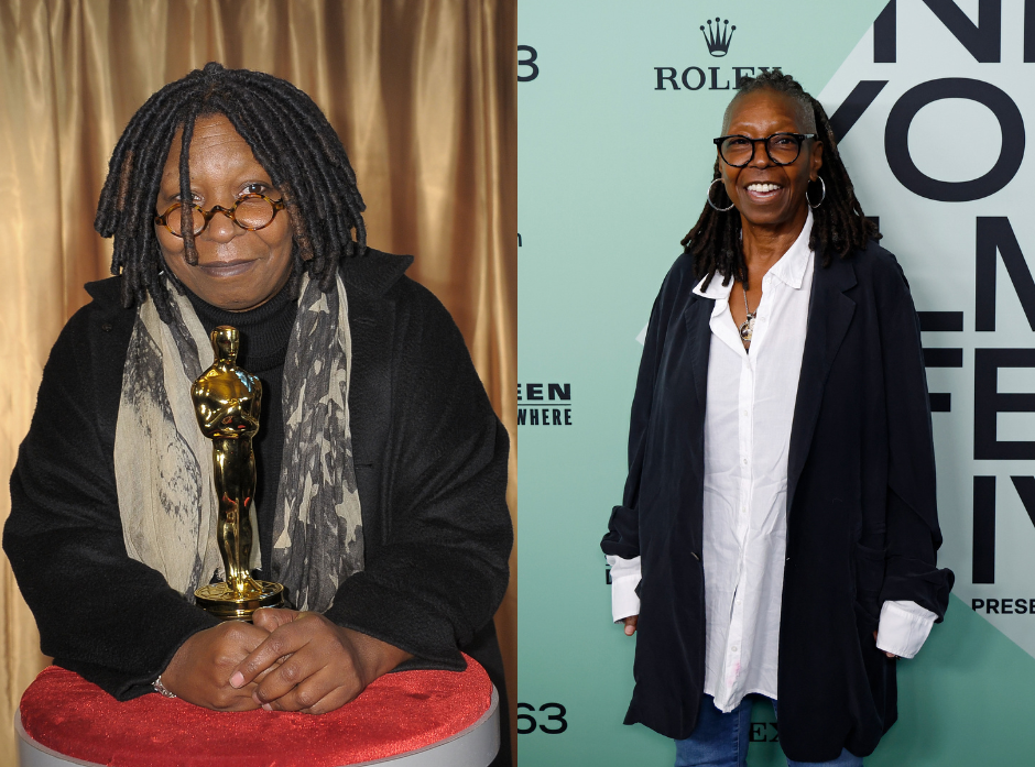 Split image of Whoopi Goldberg. On the left, holding an Oscar in 2011, on the right, in a white shirt and black jacket in 2025.