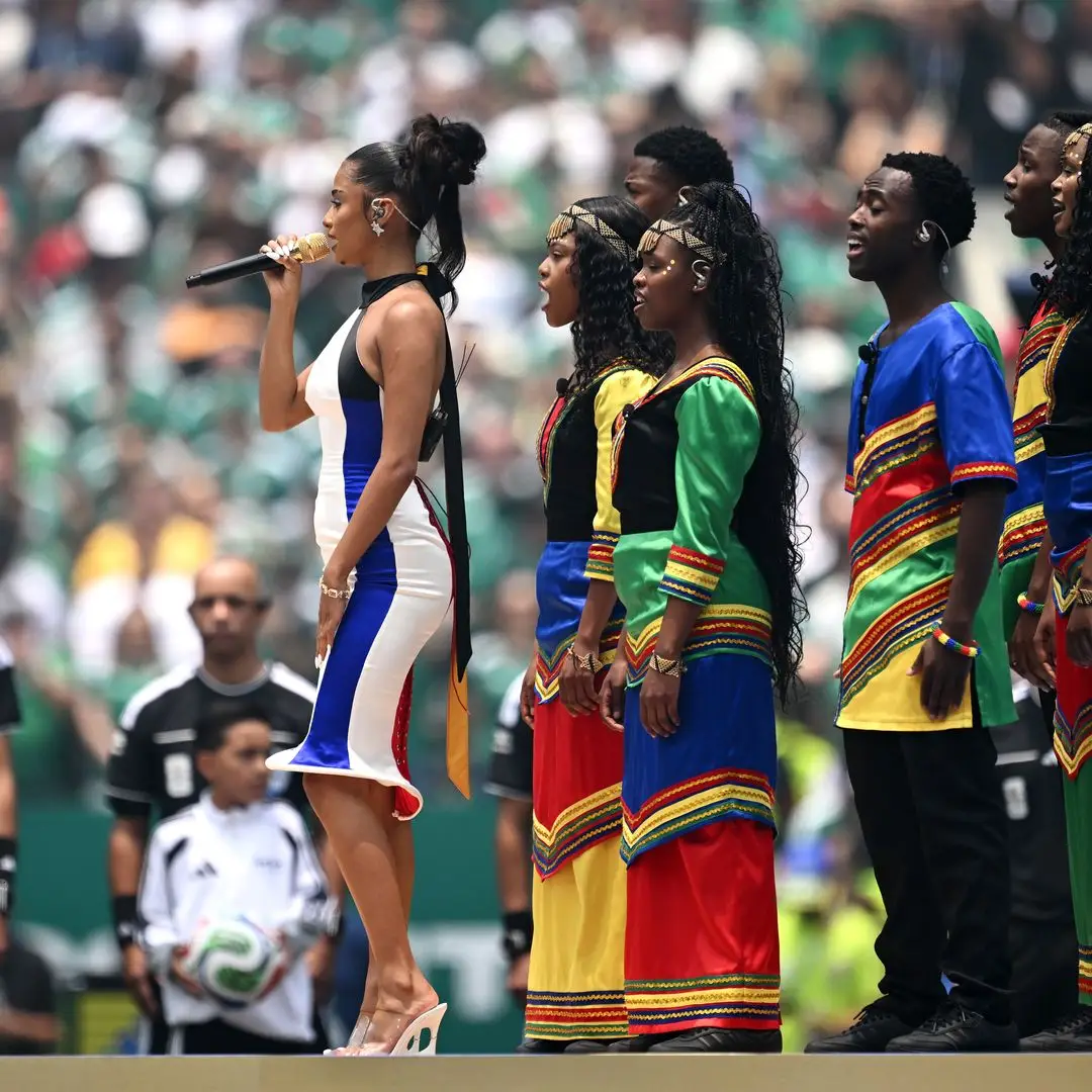 Tyla sings the South African national anthem during the 2026 FIFA World Cup Group A match between Mexico and South Africa at Mexico City Stadium on June 11, 2026 in Mexico City, Mexico.