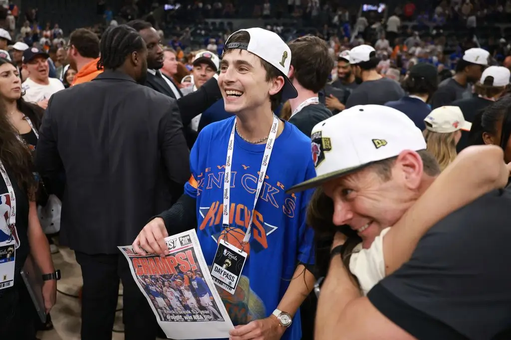 Timothée Chalamet celebrates after the New York Knicks' victory against the San Antonio Spurs in Game 5 of the 2026 NBA Finals at Frost Bank Center on June 13, 2026 in San Antonio, Texas