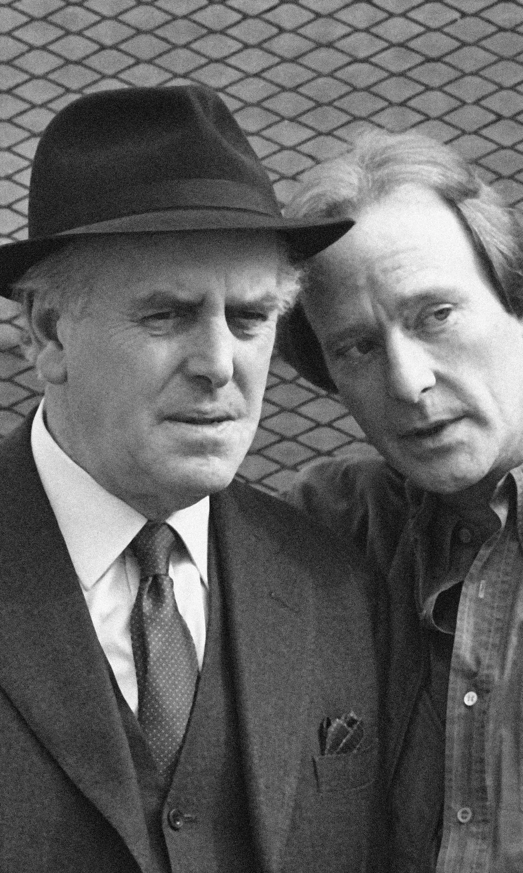Black and white image of George Cole and Dennis Waterman in Minder