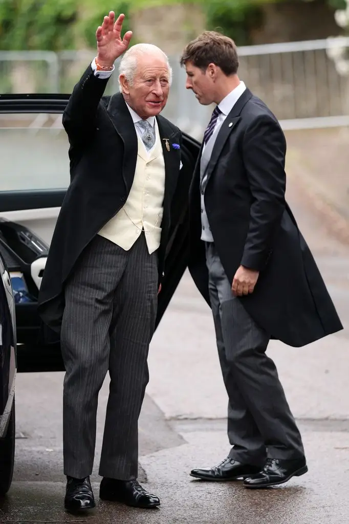Peter Phillips and Harriet Sperling share their first romantic kiss after a fairytale marriage ceremony 8 King Charles III greets his arrival at the royal wedding of Peter Phillips and Harriet Sperling at All Saints Church