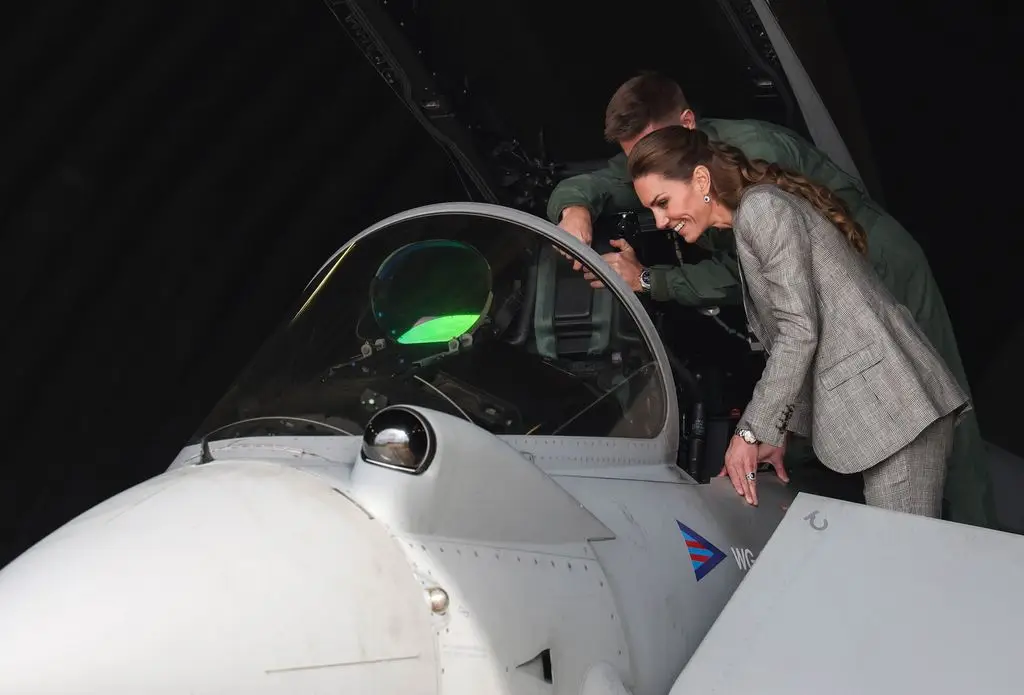 Kate Middleton looking at a Rapid Response Alert Typhoon aircraft