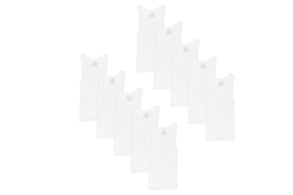 What to Purchase and Keep away from Procuring on Prime Day, In response to Skilled Customers 6 Pack of ten white tank tops arranged in two diagonal rows.