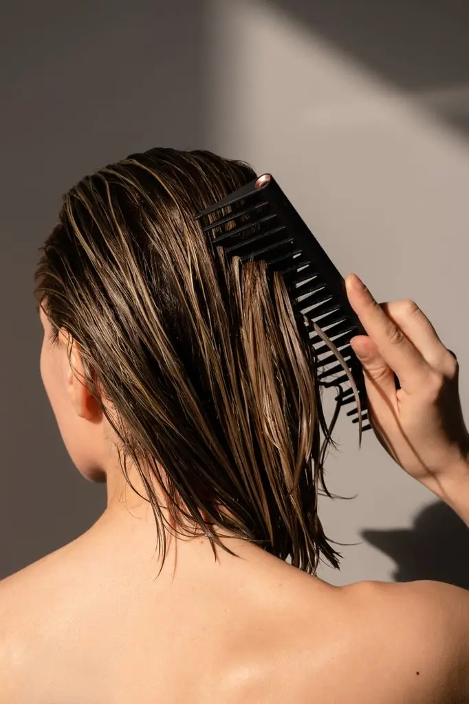 Photo of a wet-haired model combing her hair 