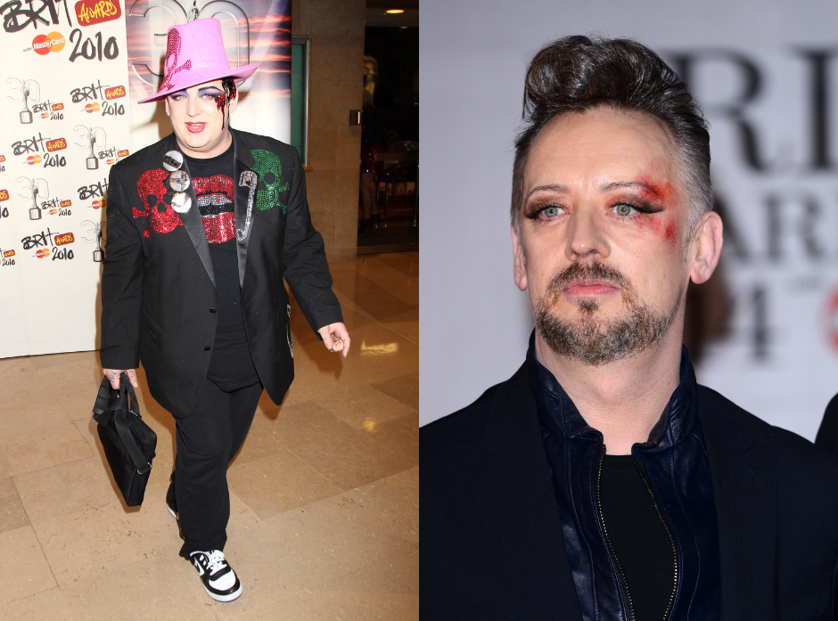 Split image of Boy George. On the left, in a suit and bright pink hat in 2010. On the right, in a black jacket and bright red makeup in 2014.