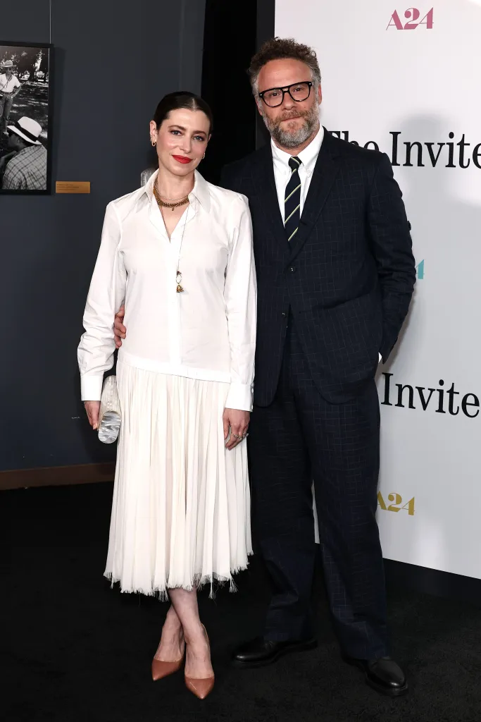 Lauren Miller and Seth Rogen attend the Los Angeles premiere of A24 "The invitation" at the DGA Theater on June 24, 2026 in Los Angeles, California. 
